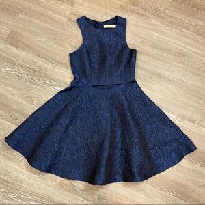 Blink Blank Deep Blue Jacquard Dress Cut Out Front waist Full Skirt Mini Dress
